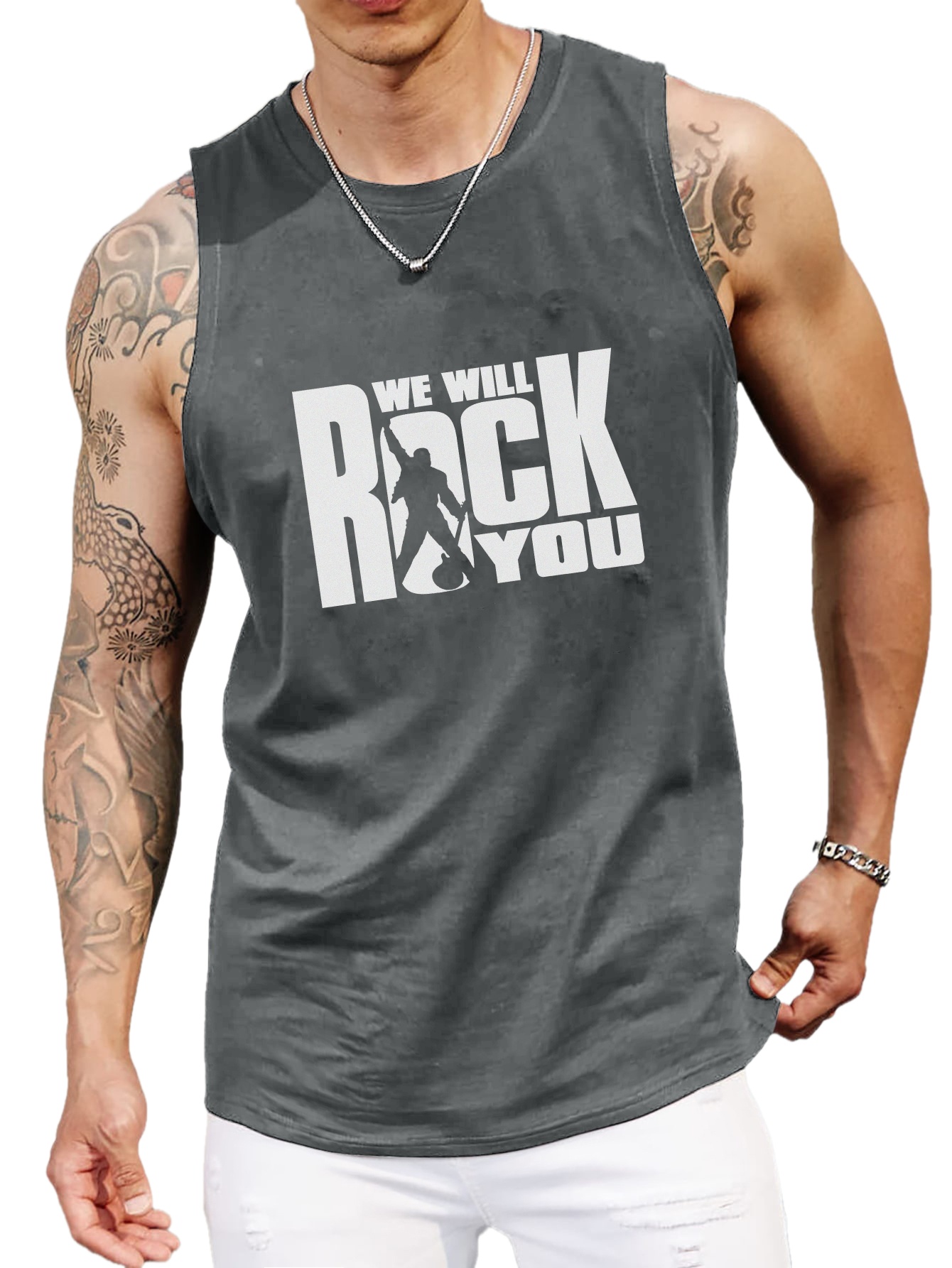 Büyük Beden Erkek 'Rock You' Grafik Baskılı Kolsuz Tişörtler, Outdoor Sporlar, Nefes Alabilir Hızlı Kuruyan
