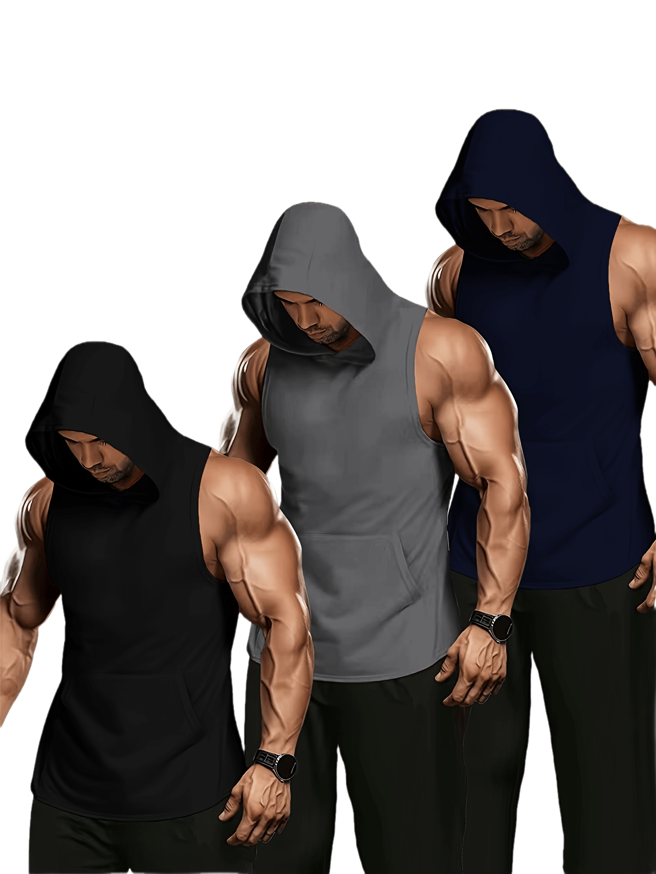 Spor/Fitness için 3 Parça Büyük Beden Erkek Düz Renk Kapüşonlu Atlet, Nefes Alabilir Rahat Erkek Spor Hoodieleri
