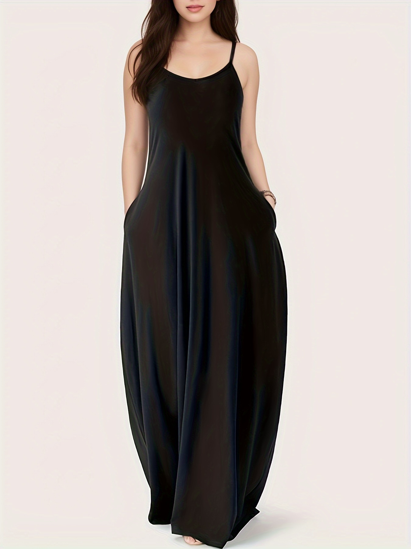 Plus Size Basic Dress, Women&#39;s Plus Plain Deep V Neck Medium Stretch Cami Maxi Dress With Pockets