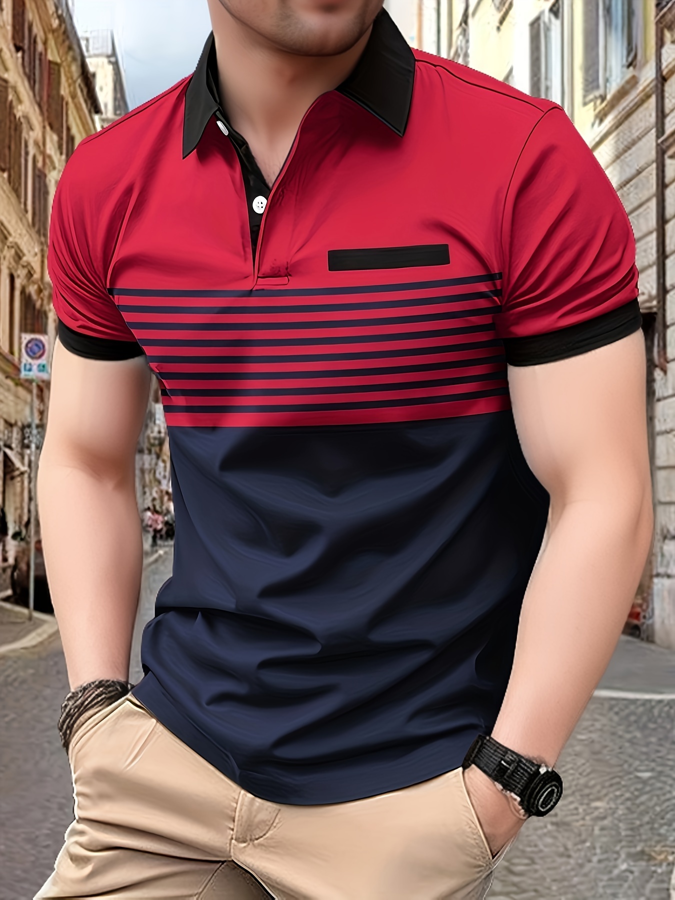 striped mens casual color block short sleeve lapel shirt with chest pocket for summer golf burgundy 0