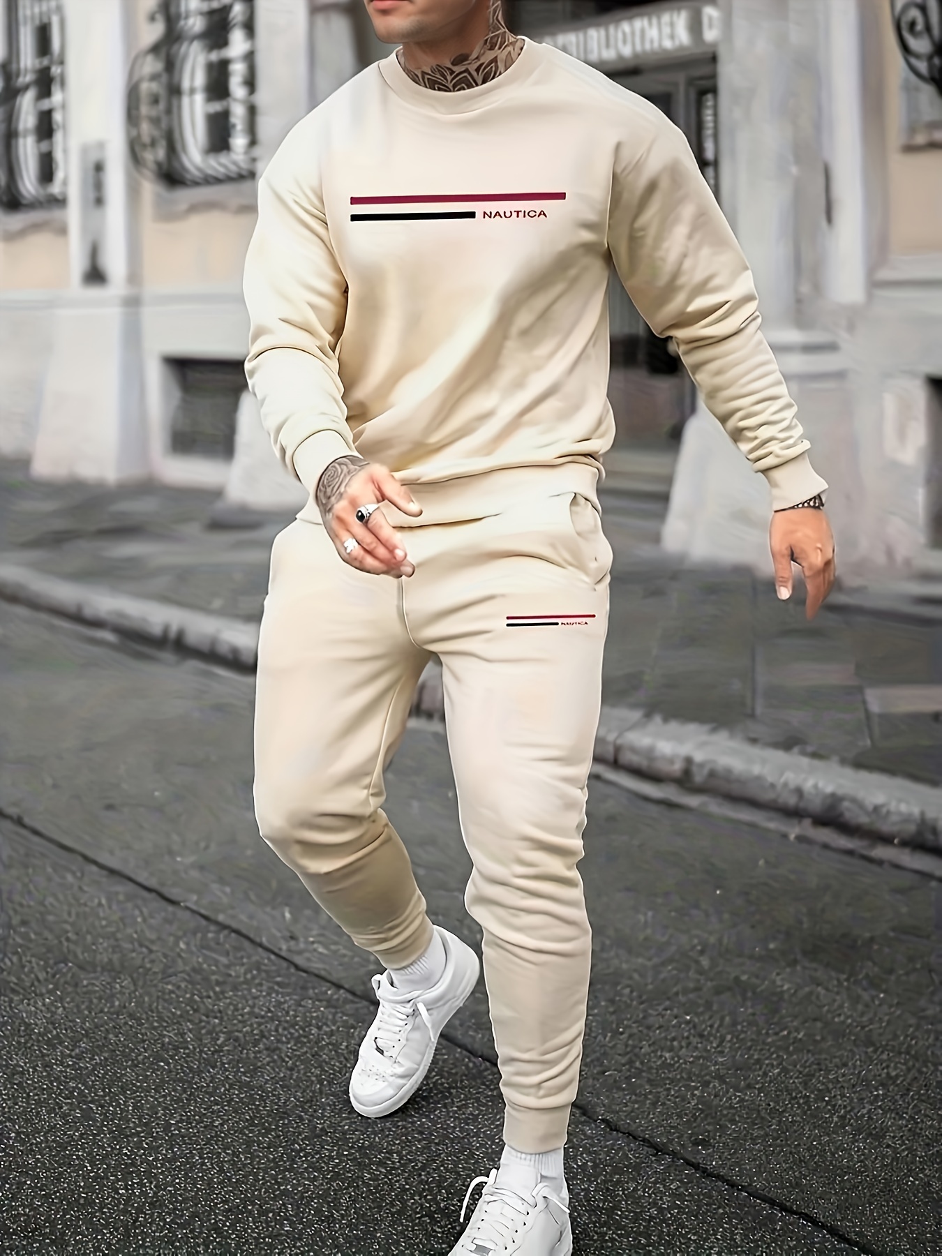 mens simple style casual pajamas sets letter striped graphic print long sleeve crew neck sweatshirt top loose sweatpants trendy trousers with pocket drawstring elastic outdoor sets for spring autumn plus size details 1