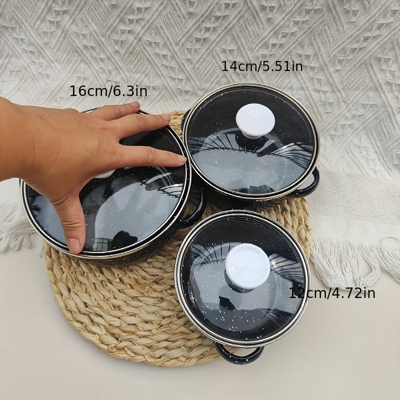 3pcs enamel pot set with 12 14 16 cm mini pots in solid color   design   food and   details 3