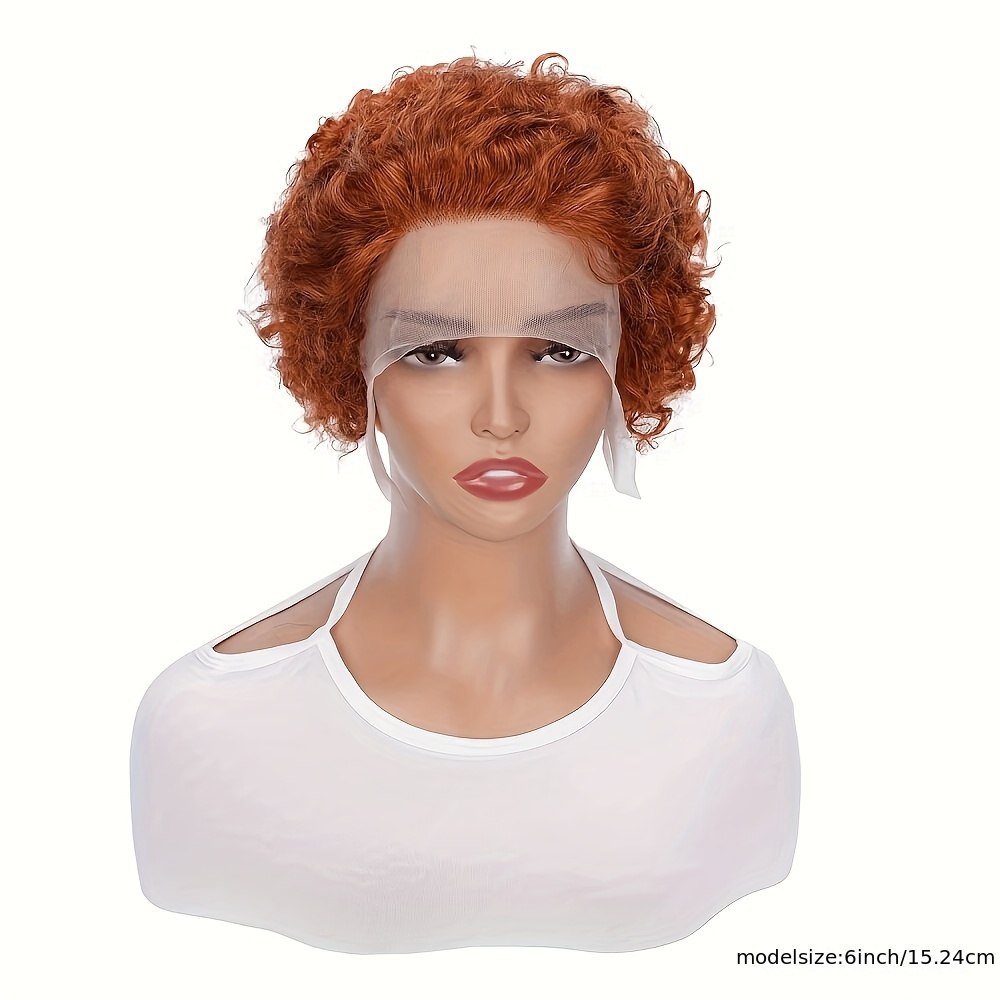 TEMU Ginger 350 Short Curly Human Hair Wigs Cut Curly Lace Front Human Hair Wigs For Women 6 Inch 13x1 Transparent Lace Frontal Wigs Water Wave Dark To Color