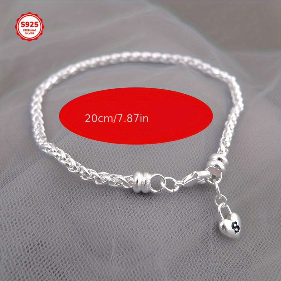 925 Sterling Silver S Lock Heart Chain Bracelet, Boho Style