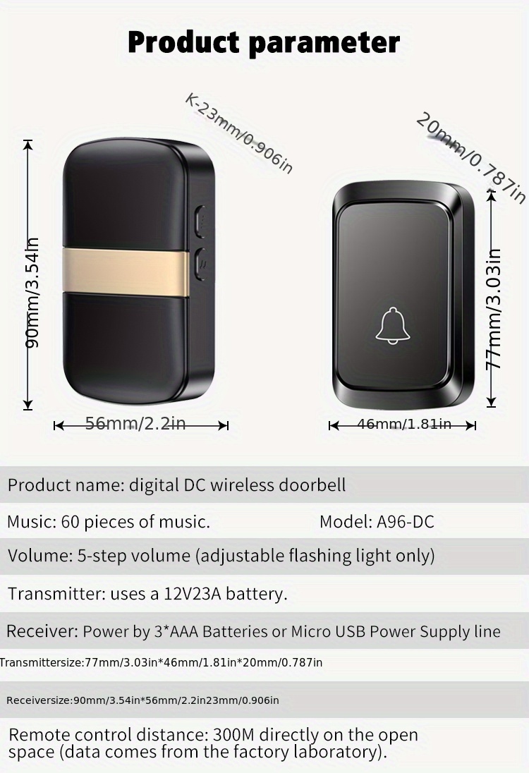 1 Conjunto De Campainha Sem Fio, Campainhas De Porta Operadas Por USB E  Bateria, À Prova D'água Com Alcance De 1000 Pés E 5 Níveis De Volume, 60  Toques, Luz Indicadora De