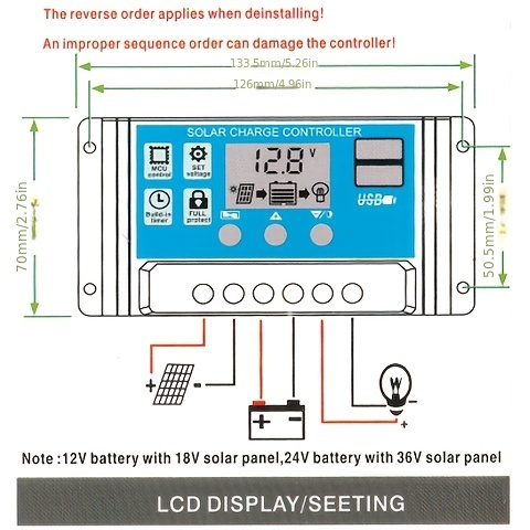 1pc solar charge controller with lcd   usb ports adjustable pwm auto voltage recognition for 12v 24v batteries built in under voltage reverse polarity and short circuit protection hard wired power supply   voltage below 50v Product details 2