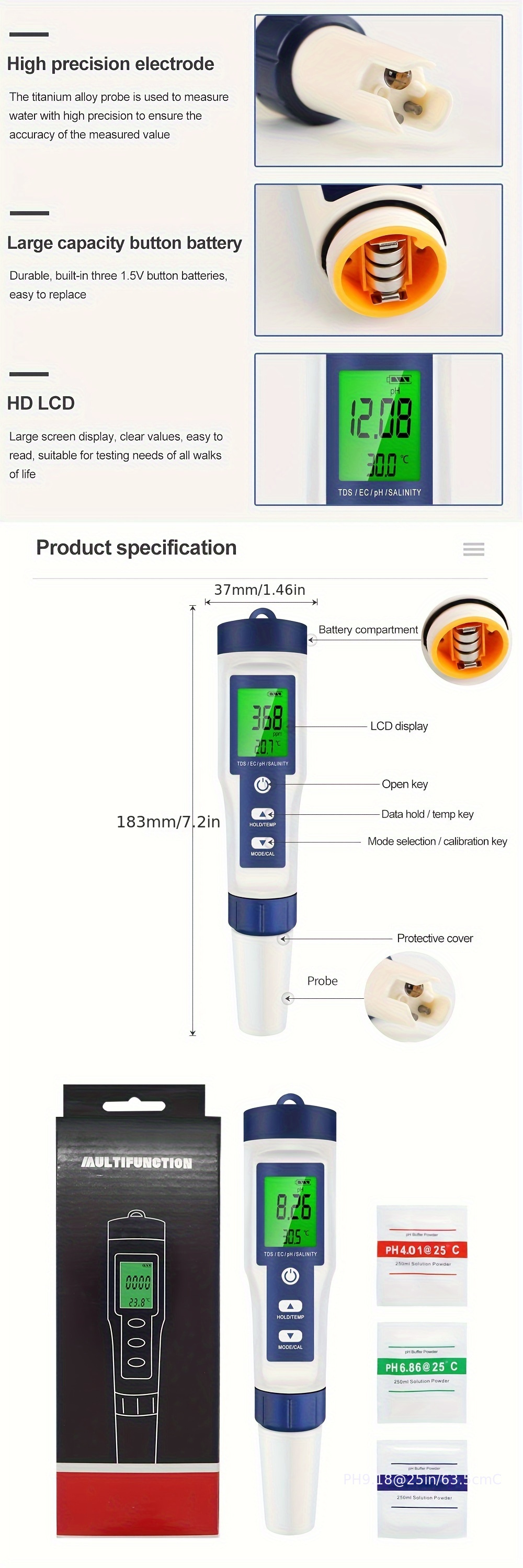 5 En 1 Testeur De Qualité De L'eau Numérique TDS/EC/PH/Salinité/Temperature  Mètre Pour Piscines Aquariums Détecteur De Qualité De L'eau - Temu France