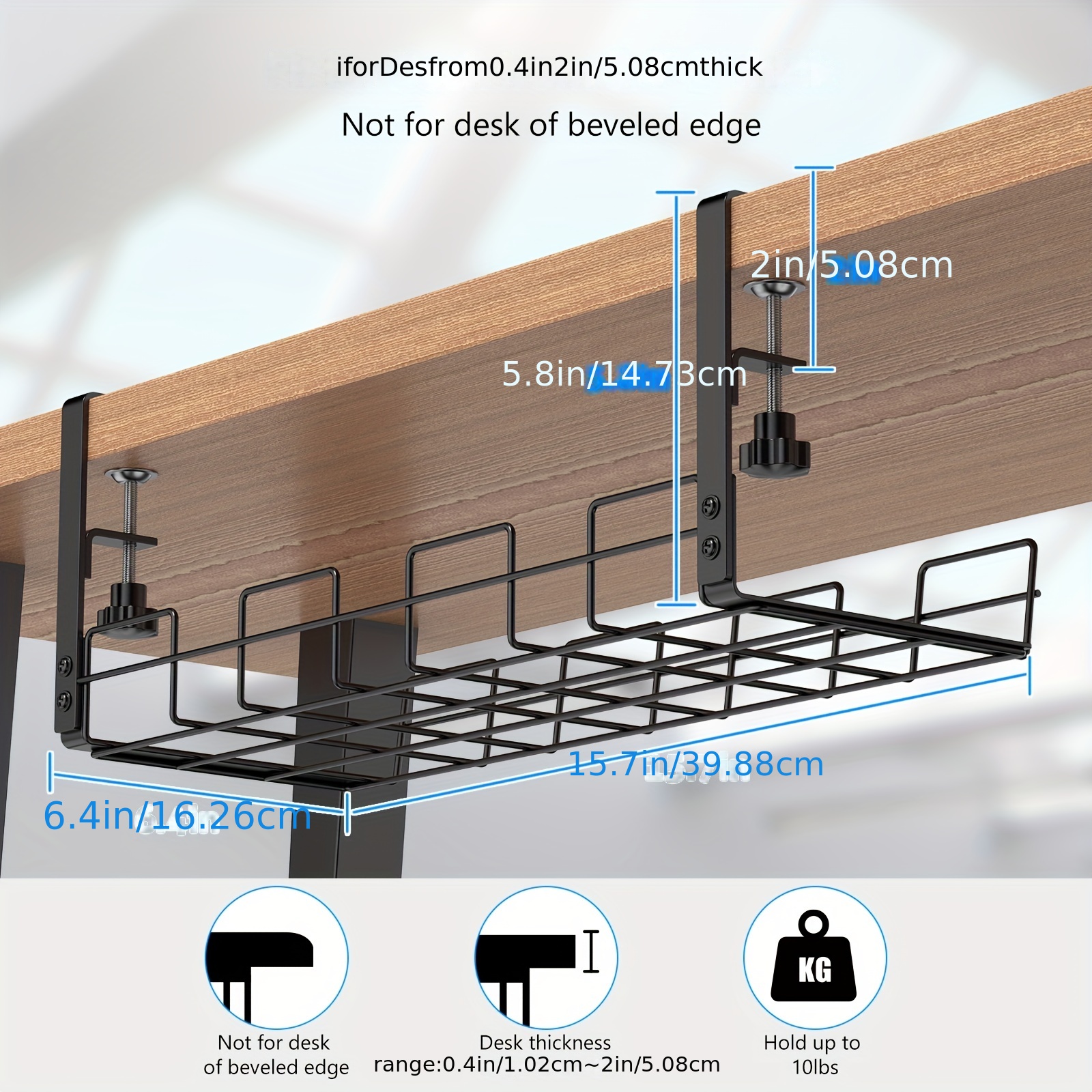 Under Desk Cable Management Tray, 15.7'' Cable Management Under Desk No Drill Steel Desk Cable Organizers, Desk Cable Tray with Wire Organizer and