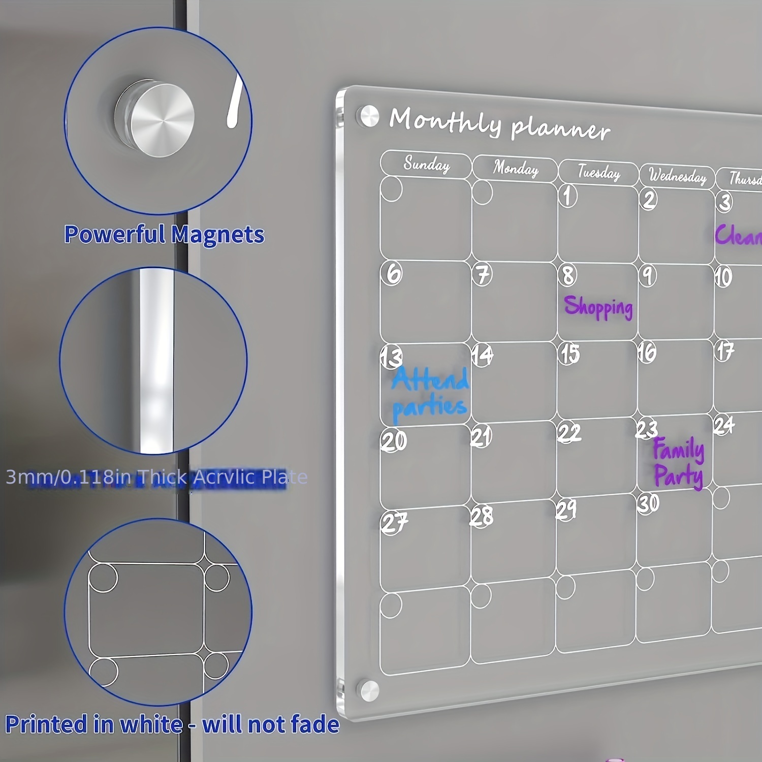  2 PCS Magnetic Acrylic Calendar for Fridge, Clear