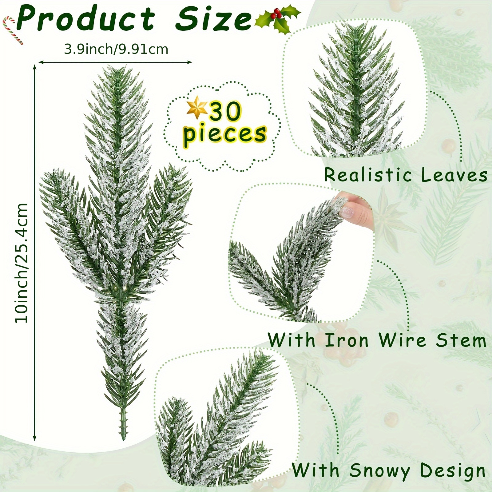 30 Pcs Snow Frosted Pine Branches Christmas Artificial Pine Leaves Branches  Fake Greenery Plants Pine Sprigs Green Christmas Tree Picks Faux Greenery