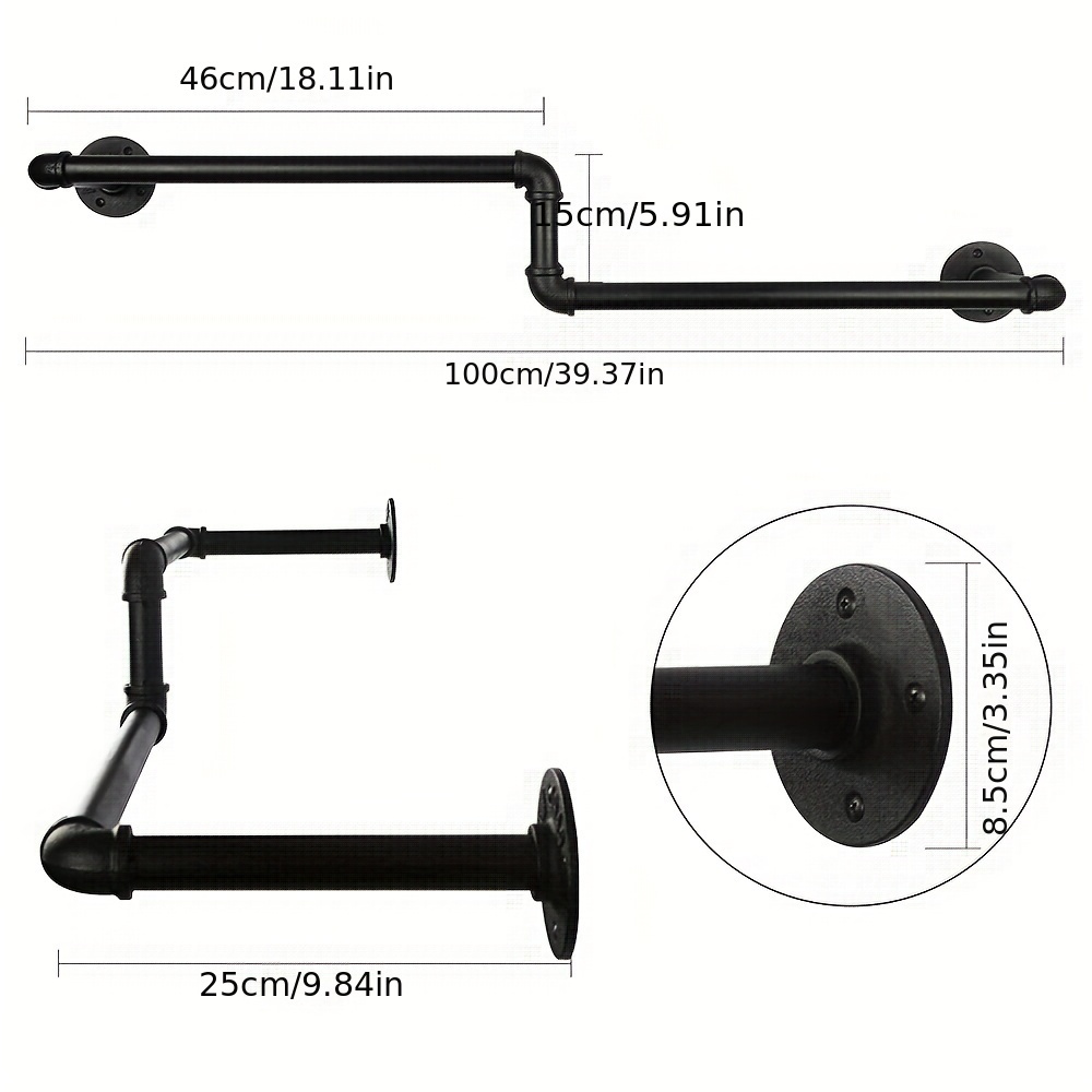 Industrial Pipe Clothes Rail, Clothes Mounted, Removable Metal Clothes Rail, Iron Pipe, Black Clothes Rail