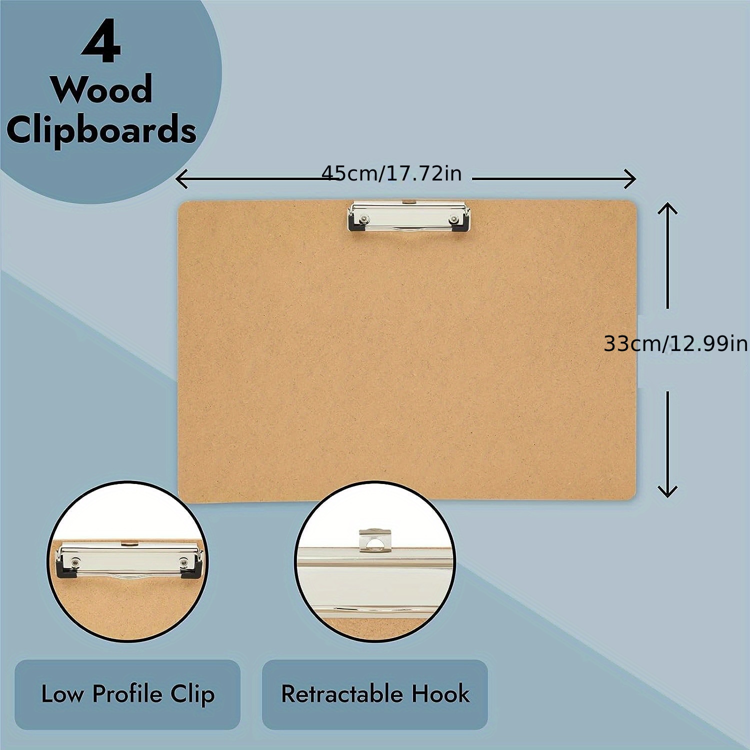 4 Pack Extra Large 11x17 Clipboards, Wooden Art Board with Low-Profile Clip  and Hook for Classroom and Office