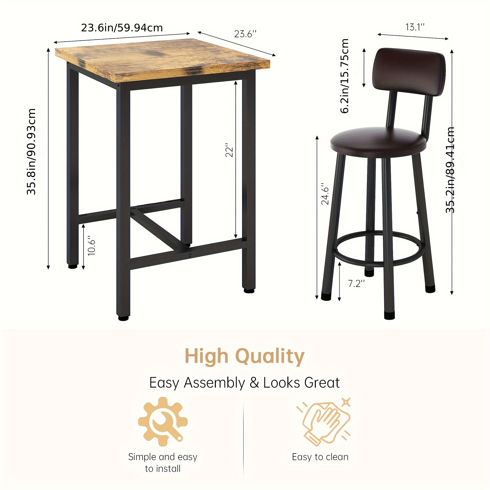 Bar Table And Chairs Set For 2, 3pcs Square Bistro Pub Table With 2 PU Upholstered Stools, Counter Height Dining Table And Chairs Set, Pub Hight Dining Table Set Other(Furniture) For Kitchen, Living Room, Small Spaces, Rustic Brown