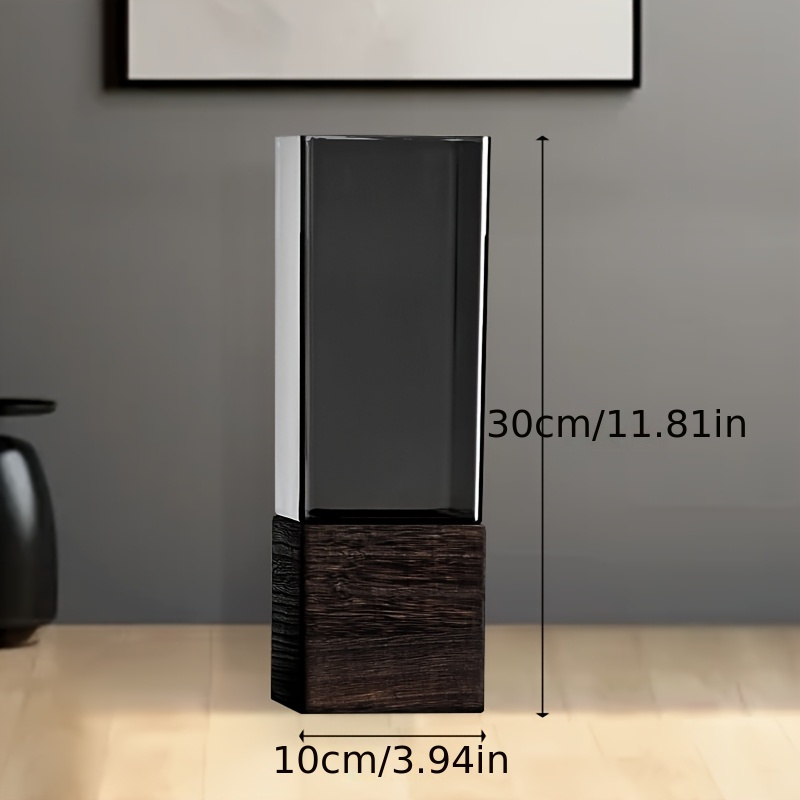 TEMU 1pc Nordic-style Acrylic Square Vase With Wooden Base - For Interior Decoration And Floral Arrangement Room
