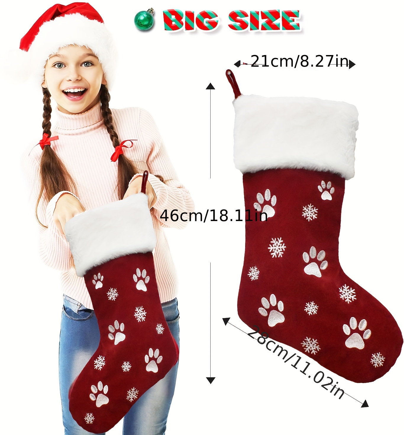 Two Red Green Felt Christmas Stockings w/Doggie Santa Pix. 15 Long.