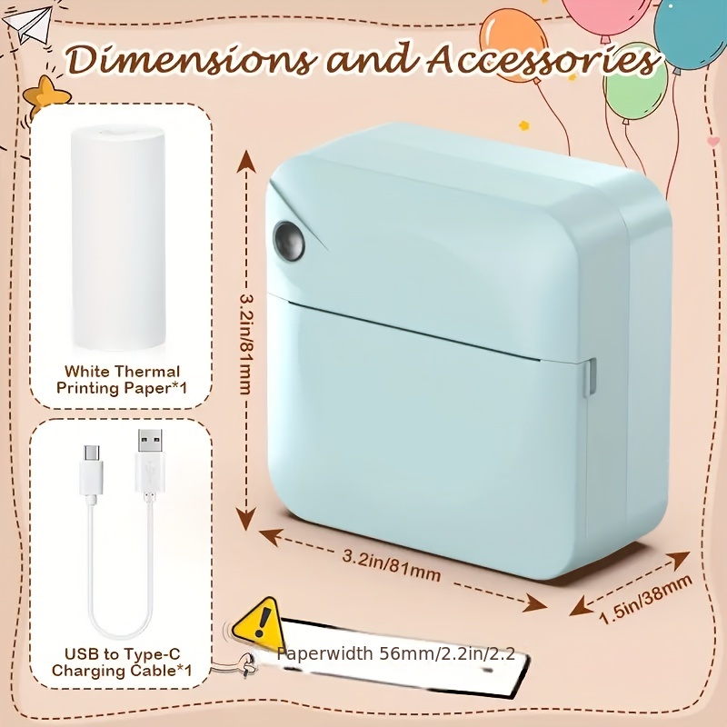 Inkless Pocket Thermal Printer with 1 Roll of Paper, Wireless Portable Micro Printer for Photos, Notes, and Receipts, Multiple Colors