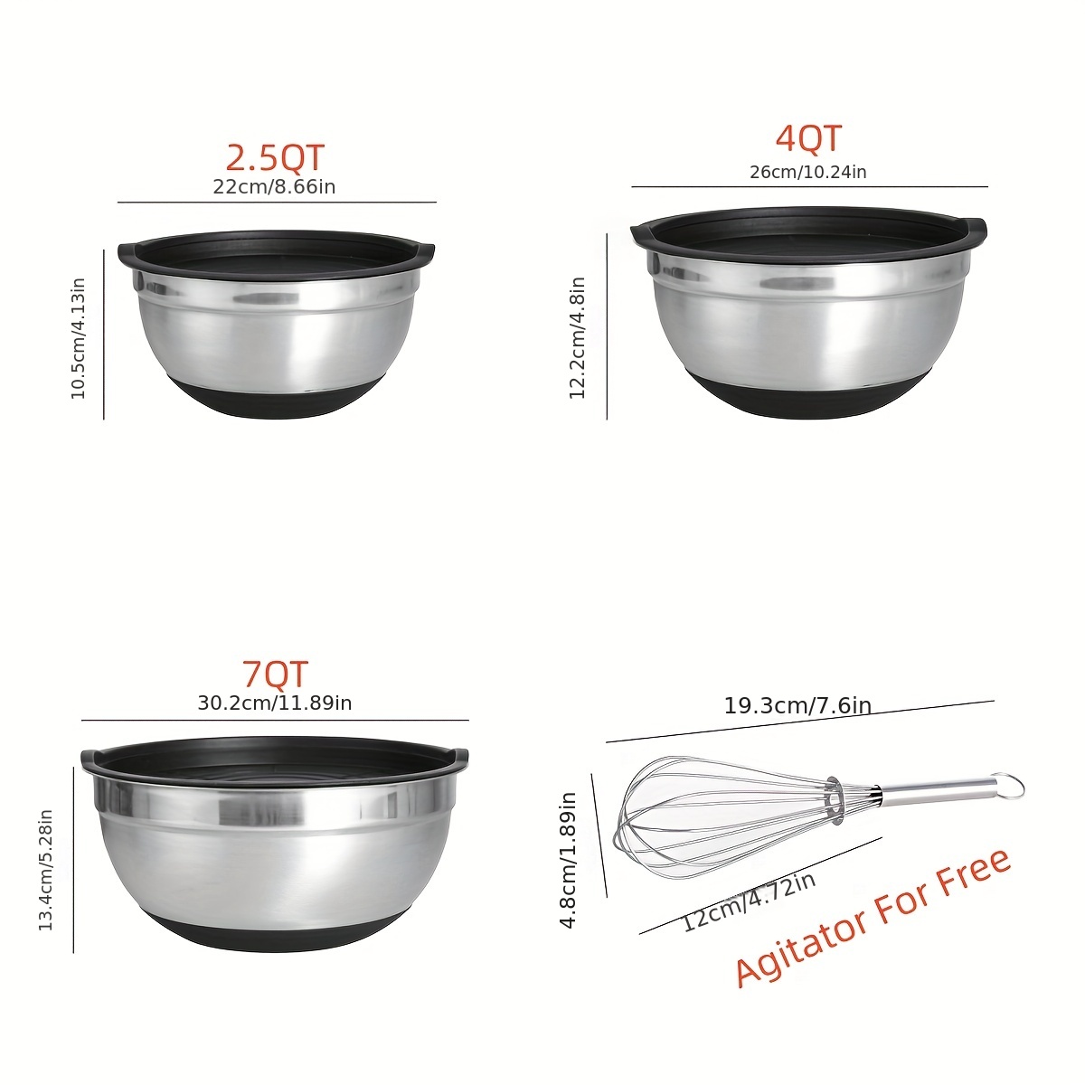 3-Piece Stainless Steel Mixing Bowls with Lids & Non-Skid Base, Black