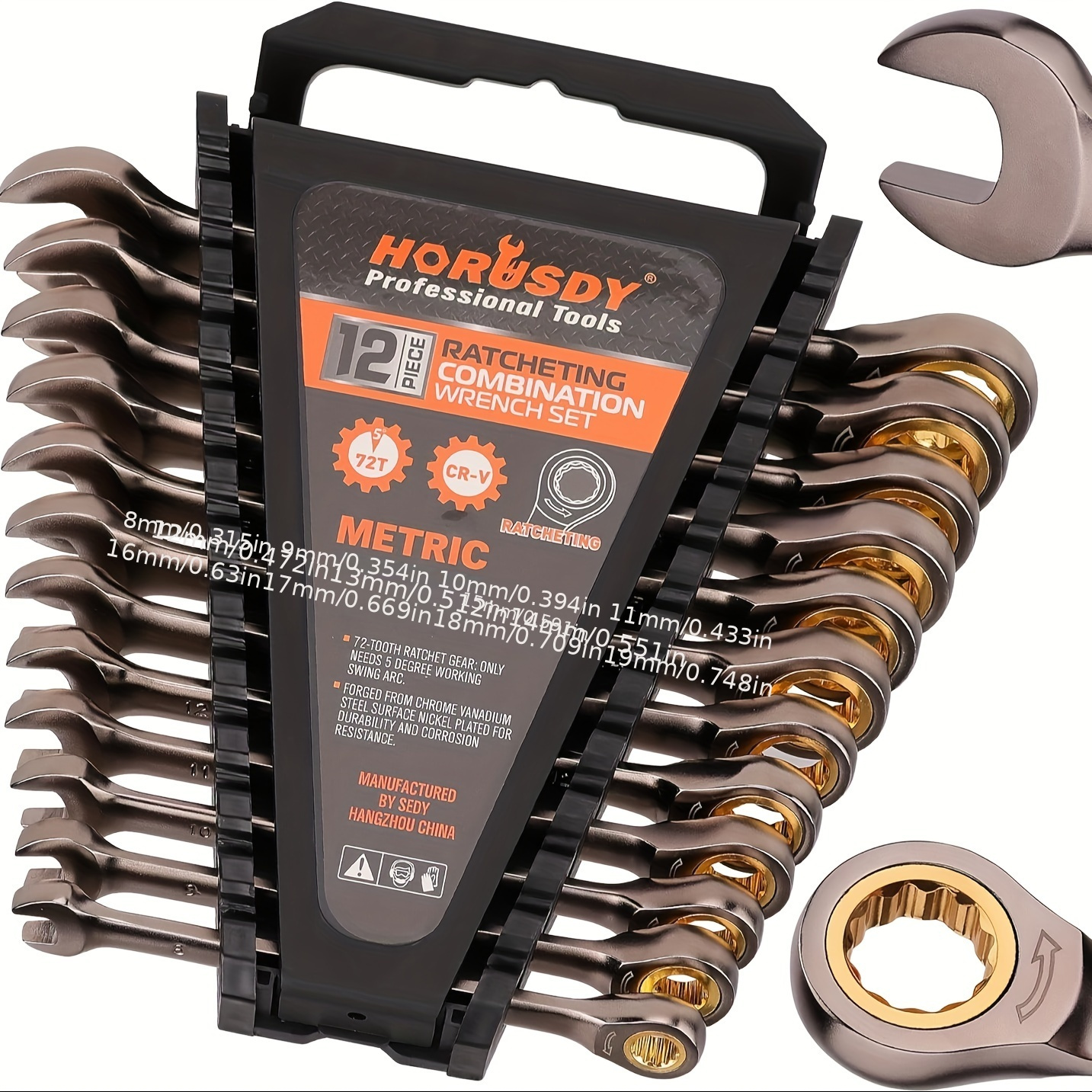 Image of Horusdy 12pcs Metric Ratcheting Wrench Set | 8-19mm | Ratchet Combination Wrenches Set With Organizer | 72-teeth | Chrome Vanadium Steel
