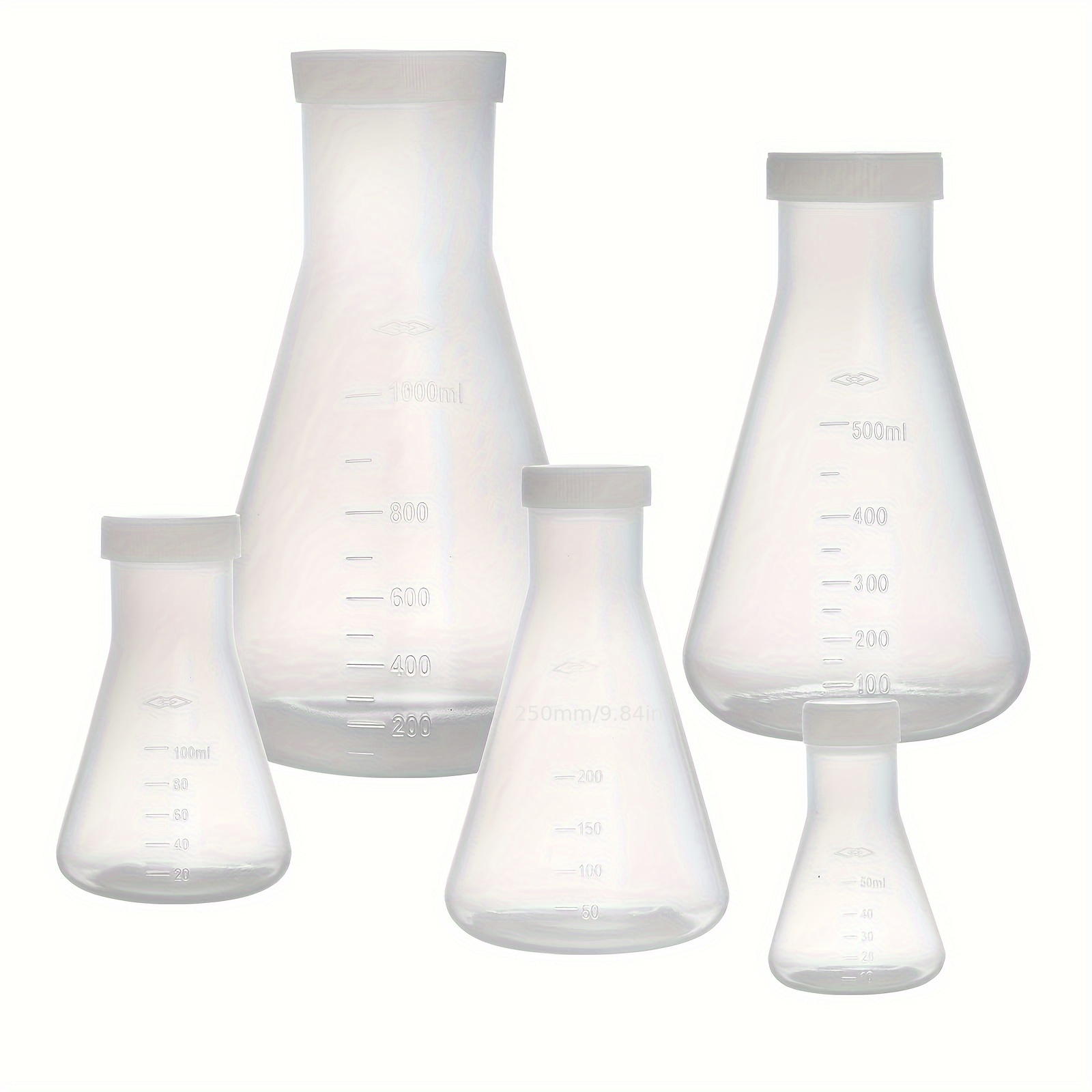 

Plastic Erlenmeyer Flasks With Lids, Narrow Mouth, Graduated - Laboratory Equipment, Multipack Sizes (50ml, 100ml, 250ml, 500ml, 1000ml) - Durable Scientific