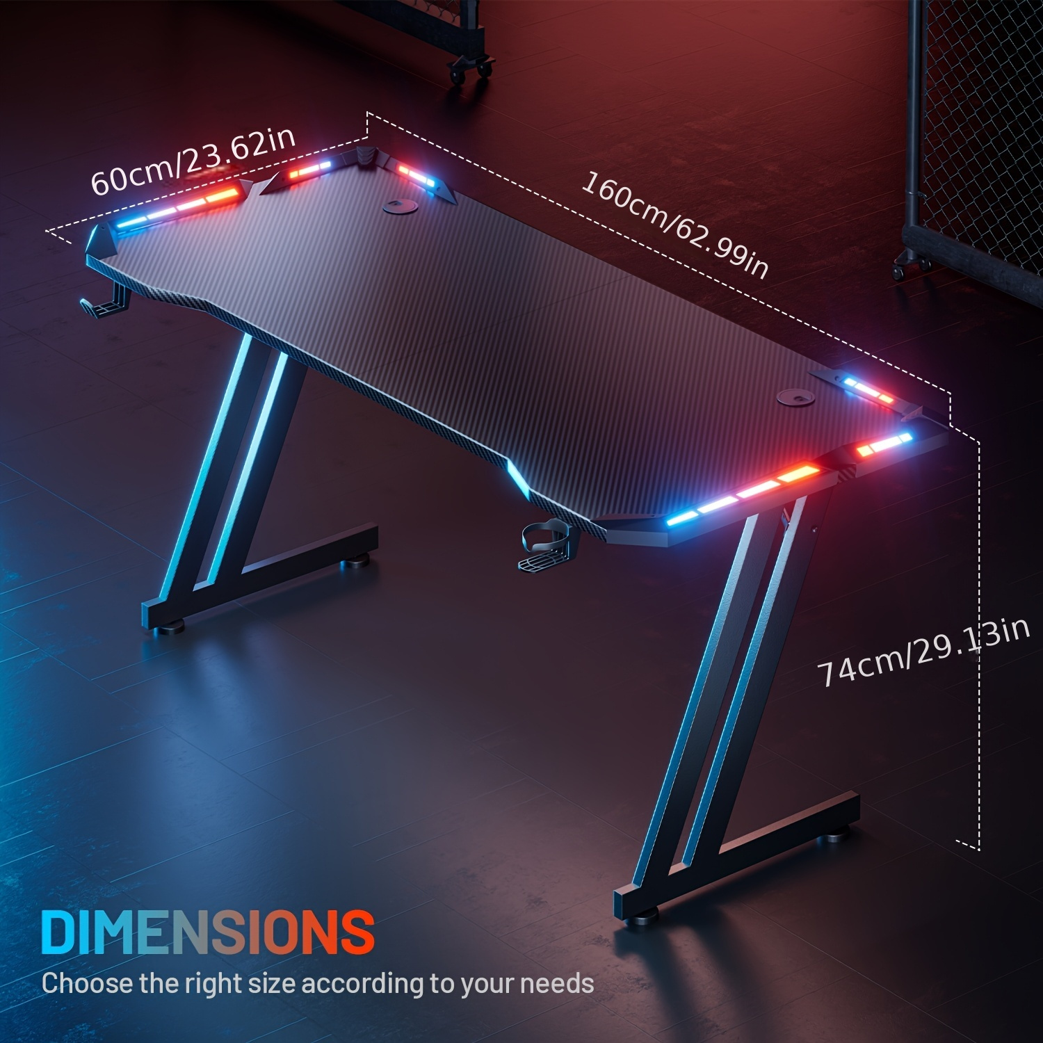 HOME DESK Gaming Desk With LED Lights Carbon Fibre Surface Gaming Table Large Computer Desk Ergonomic Home Office Desks Z Shaped PC Gamer Workstations With Headphone Hook & Cup Holder