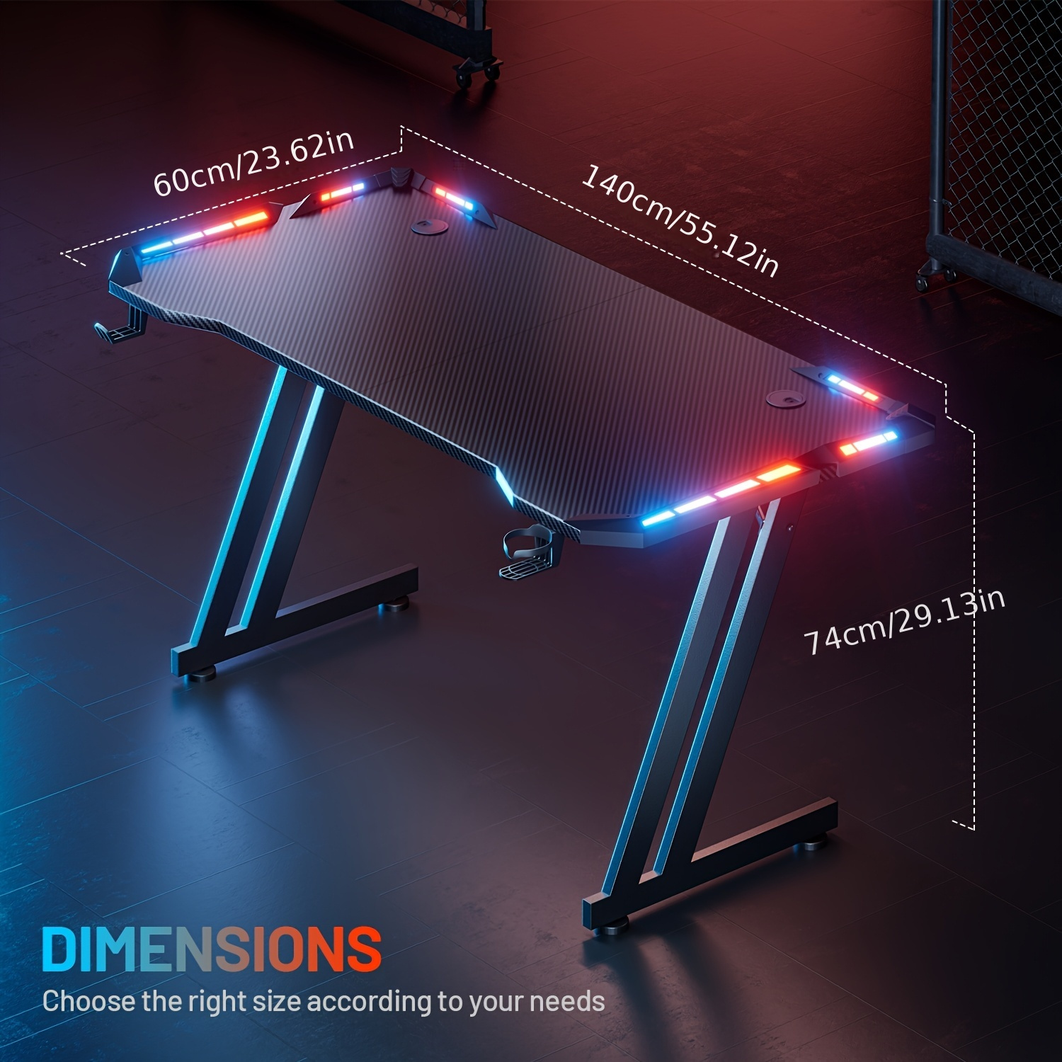 HOME DESK Gaming Desk With LED Lights Carbon Fibre Surface Gaming Table Large Computer Desk Ergonomic Home Office Desks Z Shaped PC Gamer Workstations With Headphone Hook & Cup Holder