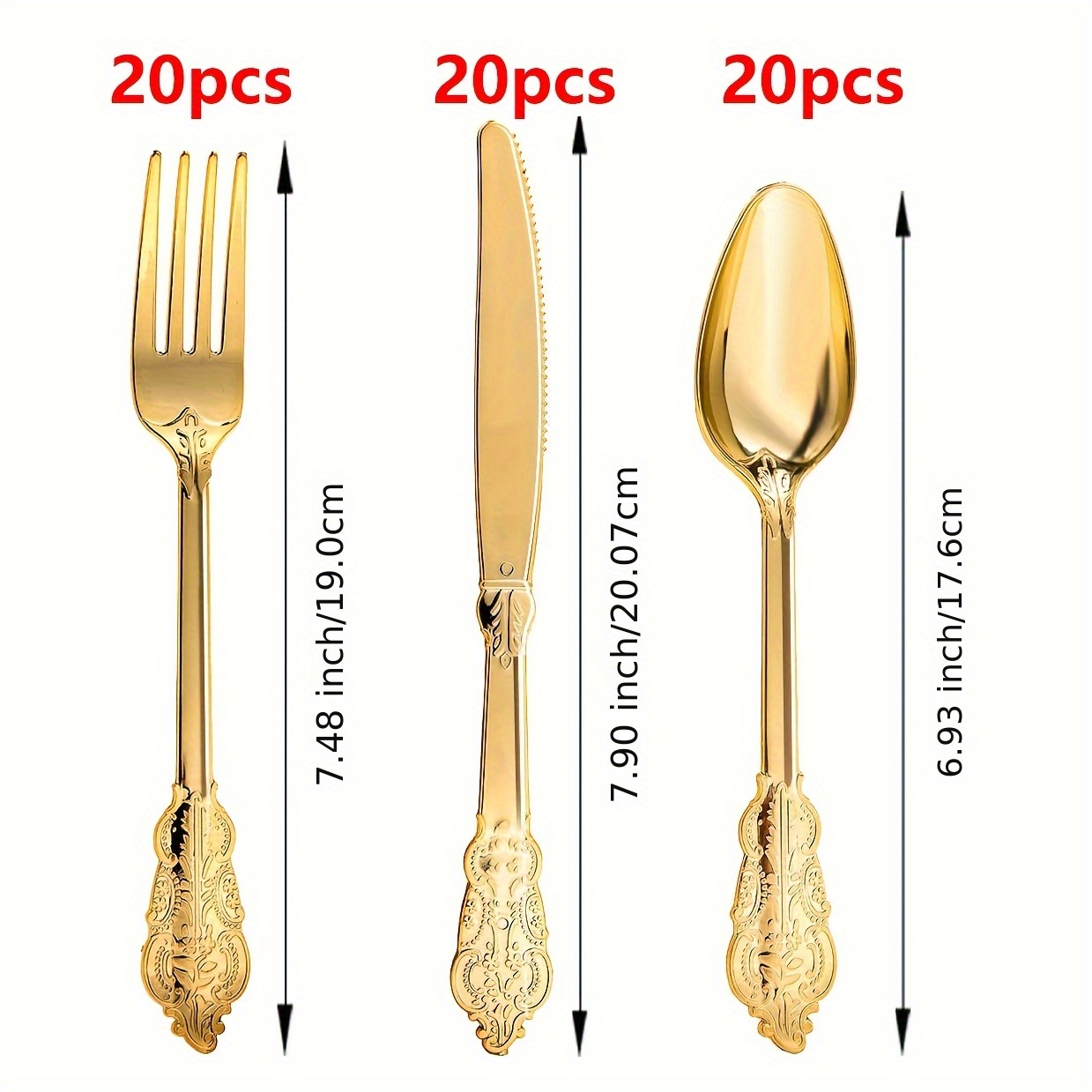 Image of 60pcs Golden Plastic Silverware Set, Heavyweight Baroque Style Cutlery With 20 Forks, 20 Knives, 20 Spoons, Perfect For Parties, Weddings, Indoor/outdoor Dining, Halloween, Christmas!