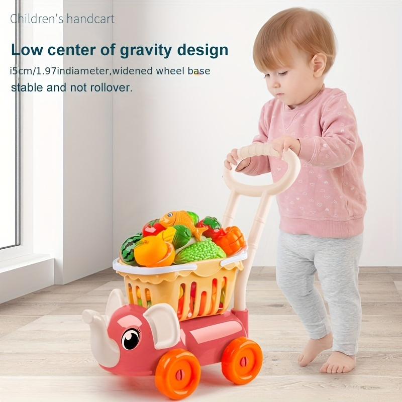 Carrito de compras de madera para niños pequeños: cochecito de muñeca,  juguete de empuje para caminar para niños niñas de 1 a 3 años (rosa)
