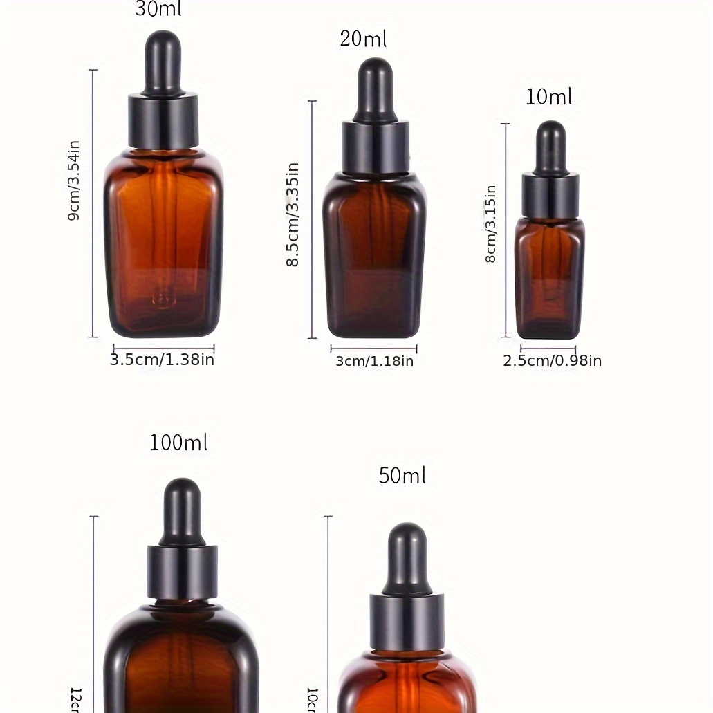 

3-piece Amber Glass Dropper Bottles For Essential Oils - 20ml, 50ml, 100ml Sizes - Square Refillable Serum Containers With Eye Droppers