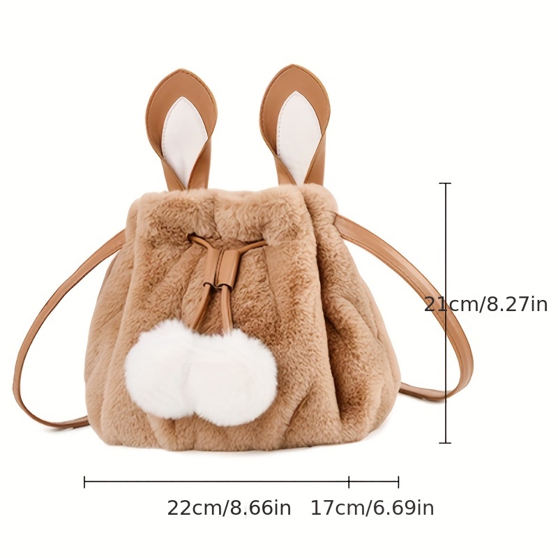 Plush Bunny Ear Bucket Bag, Kawaii Drawstring Shoulder Bag, Fluffy