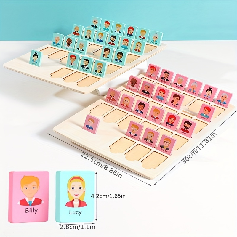 Houten Karakter Radspelbord - 36 Geïllustreerde Kaarten met Gelabelde Gezichten, Interactief Familieplezier voor Volwassenen, Educatieve Puzzelspeelgoed in Roze/Blauw, Perfect voor Kerstmis, Halloween of Verjaardagscadeaus