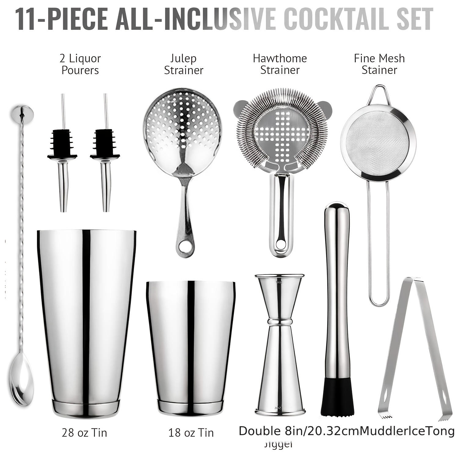 Cocktail Shaker Bar Set: 2 Weighted Boston Shakers, Cocktail Strainer  Set,Jigger,Muddler and Spoon, Ice Tong and 6 Bottle Pourer