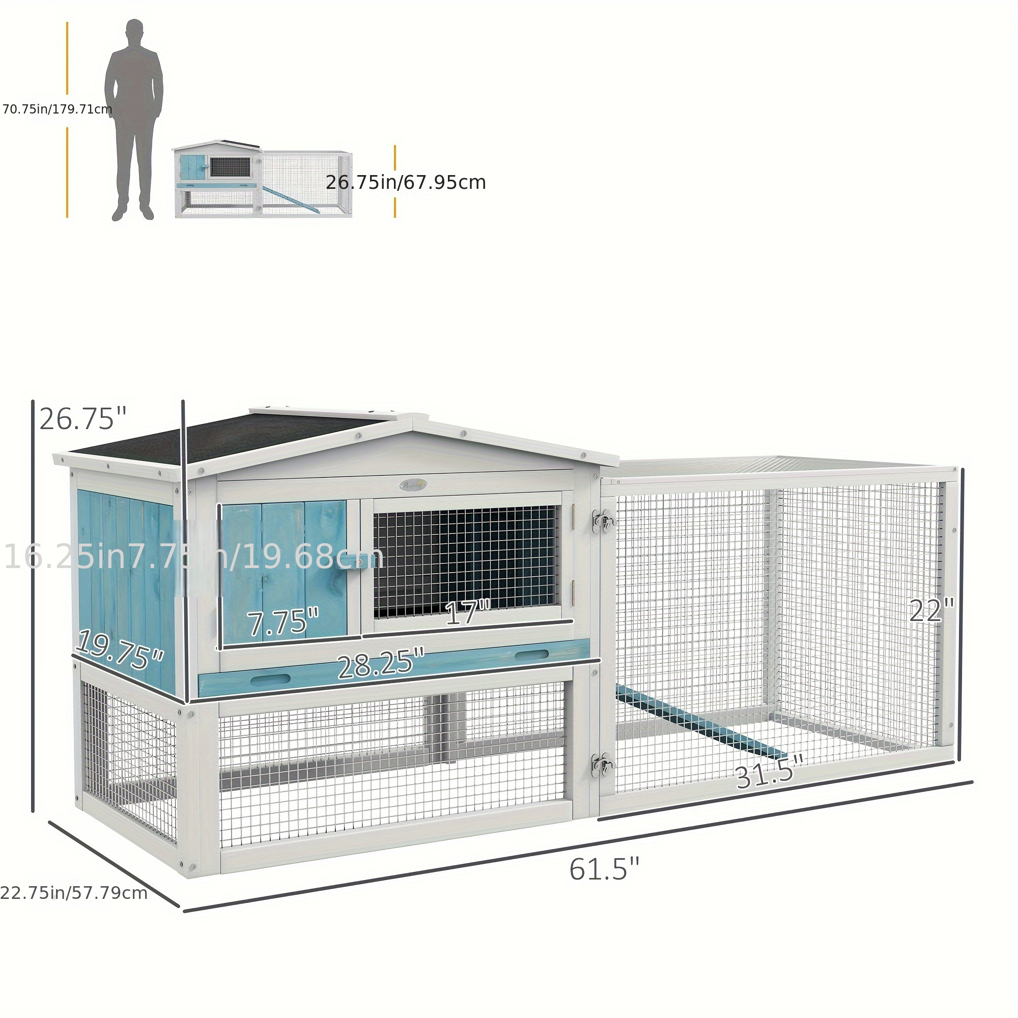 pawhut rabbit hutch 2 story bunny cage small animal house with slide out tray detachable run for indoor outdoor 61 5 x 23 x 27 light blue