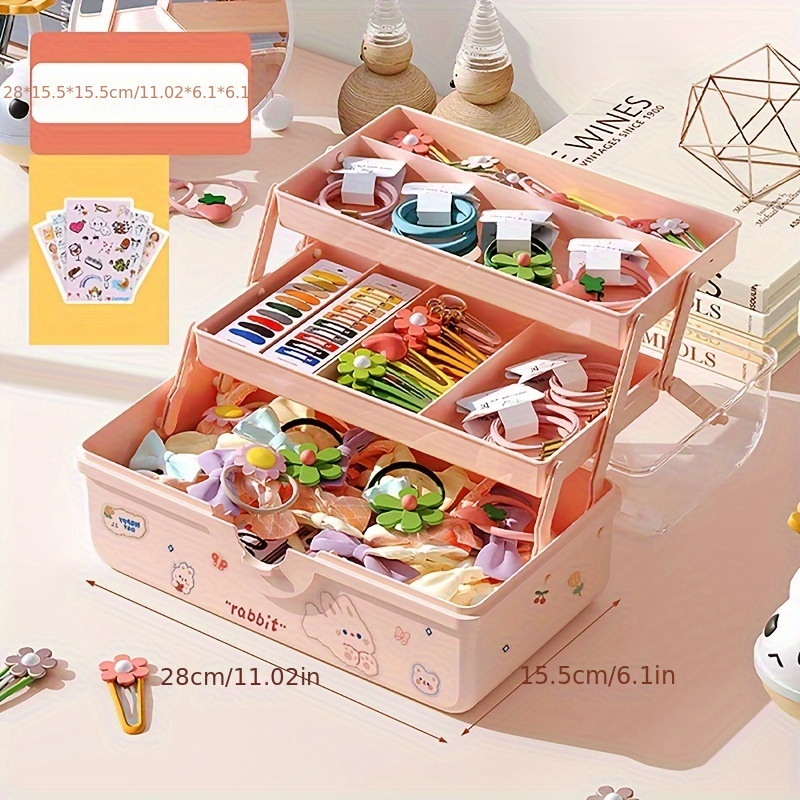 WMM Girls Hair Accessories Storage Box, Cute Hair Accessories Organizer, Jewelry Box with Upper and Lower Layers, Deer Horn Handle, Bow Switch Girls