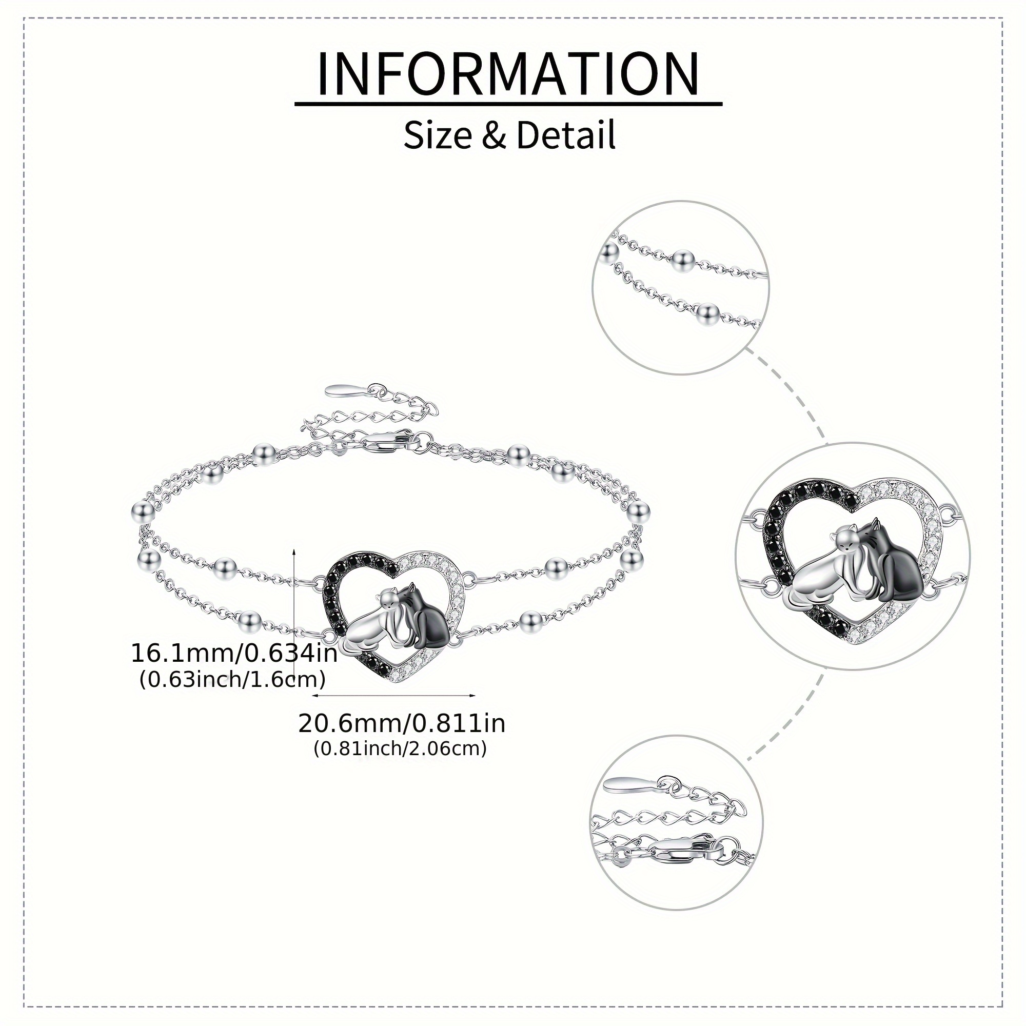 925 Silver Cat Bracelet Heart Double Layered Chain Cat Charms Gift
