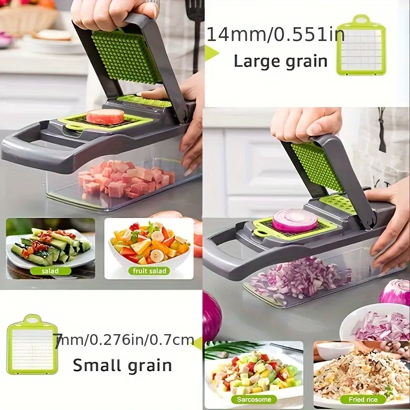 16 in 1 heavy duty vegetable chopper with 8 blades manual food processor onion carrot garlic potato chopper compact cleaning container for commercial kitchens durable plastic construction vegetable slicer and chopper kitchen slicer material restaurant equipment spacesaving design easy to clean restaurant staff details 1