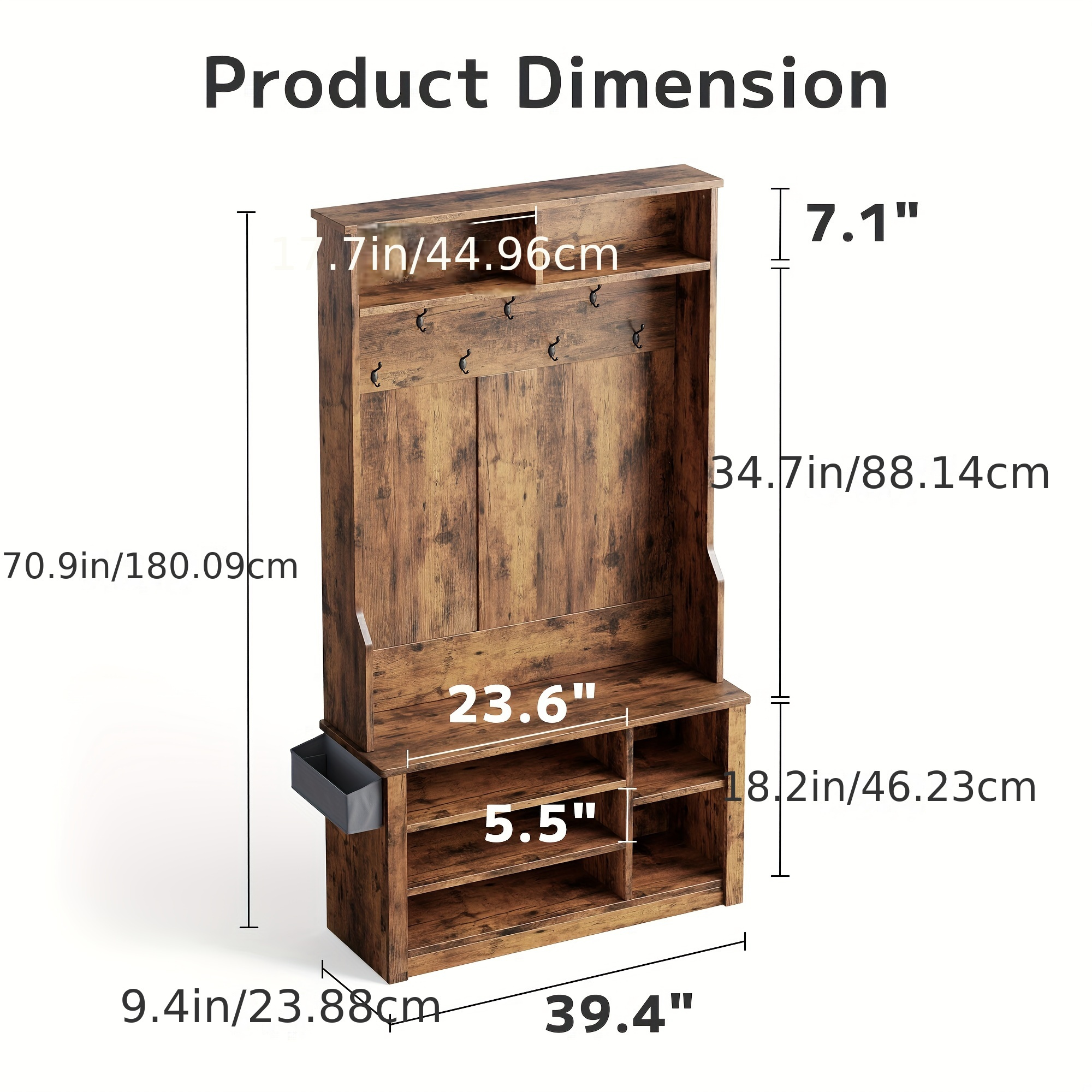 47 Inch Hall Tree With Bench - 3-in-1 Entryway Organizer With Hooks & Storage