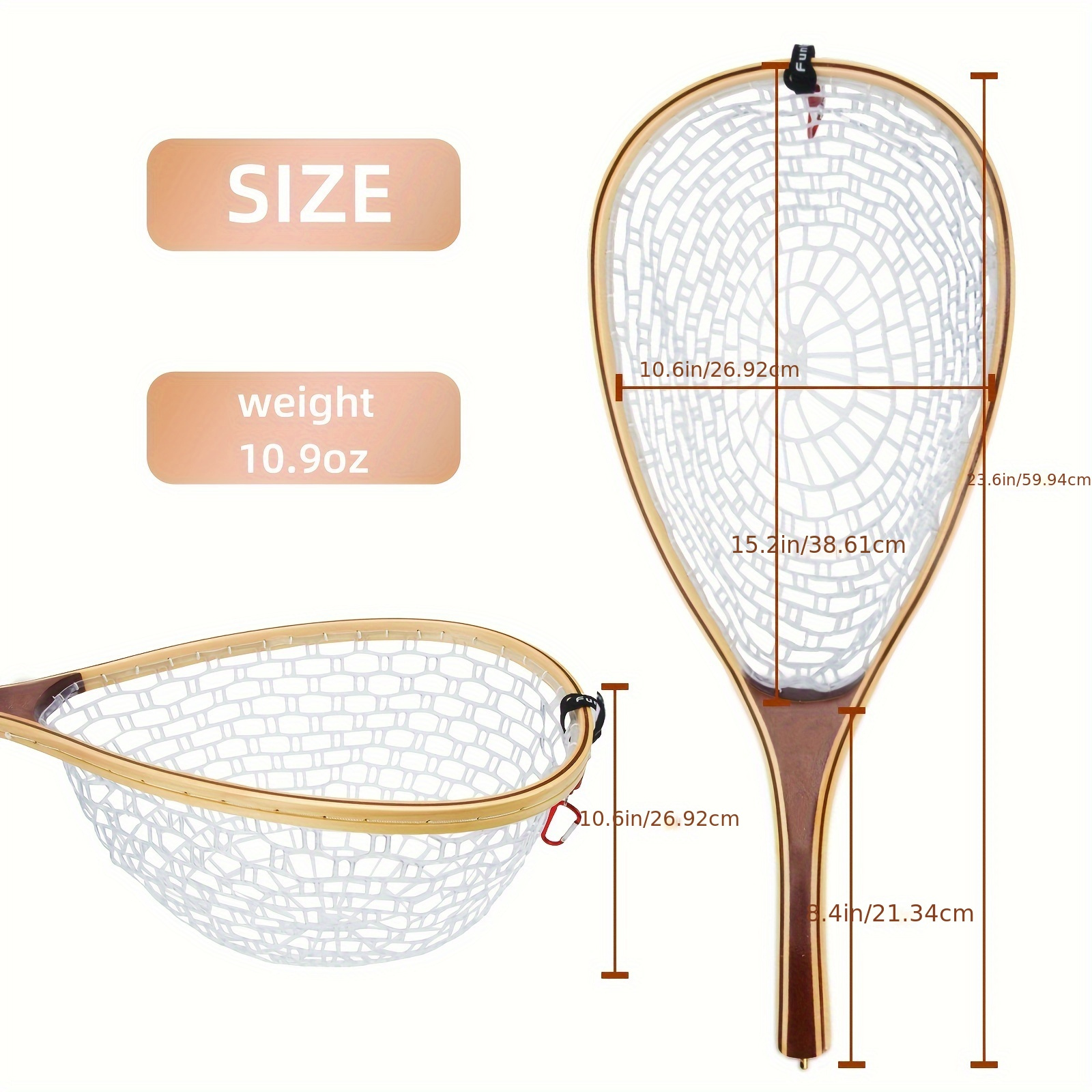 FunVZU Fly Fishing Trout Net - Magnetic Release, Soft Rubber Mesh, Wood  Handle, Safety Cord and Copper Swivel