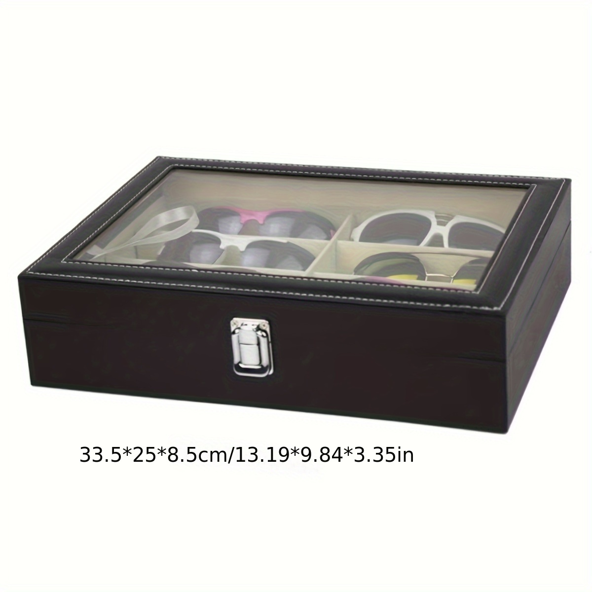   leather fashion glasses organizer with lock 12 slot multi layer storage case 8 slot single layer flip display box black with glass lid for men women details 6