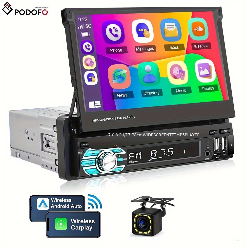 PODOFO Brezžični Carplay Avtoradio Enojna Din 7-palčni HD Zaslon na Dotik z Zložljivim Zaslonom Brezžičnim Predvajalnikom Auto, Type-C/ USB