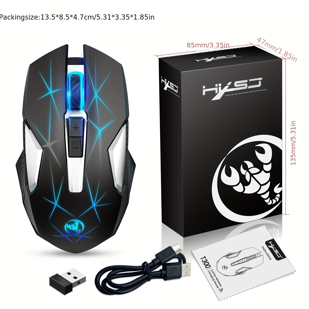 HXSJ 2.4G Wireless Gaming Mouse, Wireless Rechargeable Mouse With Colorful  LED Lights And 3 Level 2400DPI For Laptop And Computer.