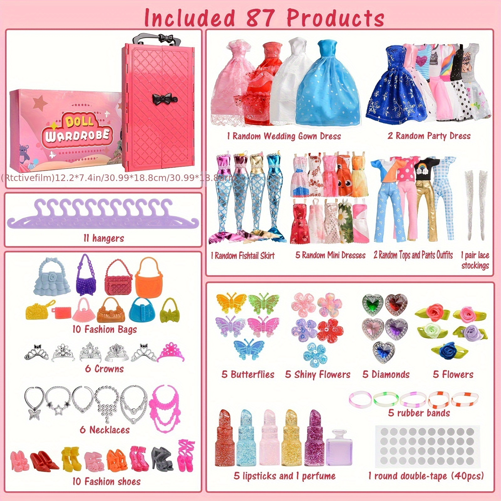 

87pcs 11 In Doll Closet Wardrobe Include Clothes, Dresses, Shoes And Other Doll Stuff For 11.5 In Doll, Xmas Gift, No Doll