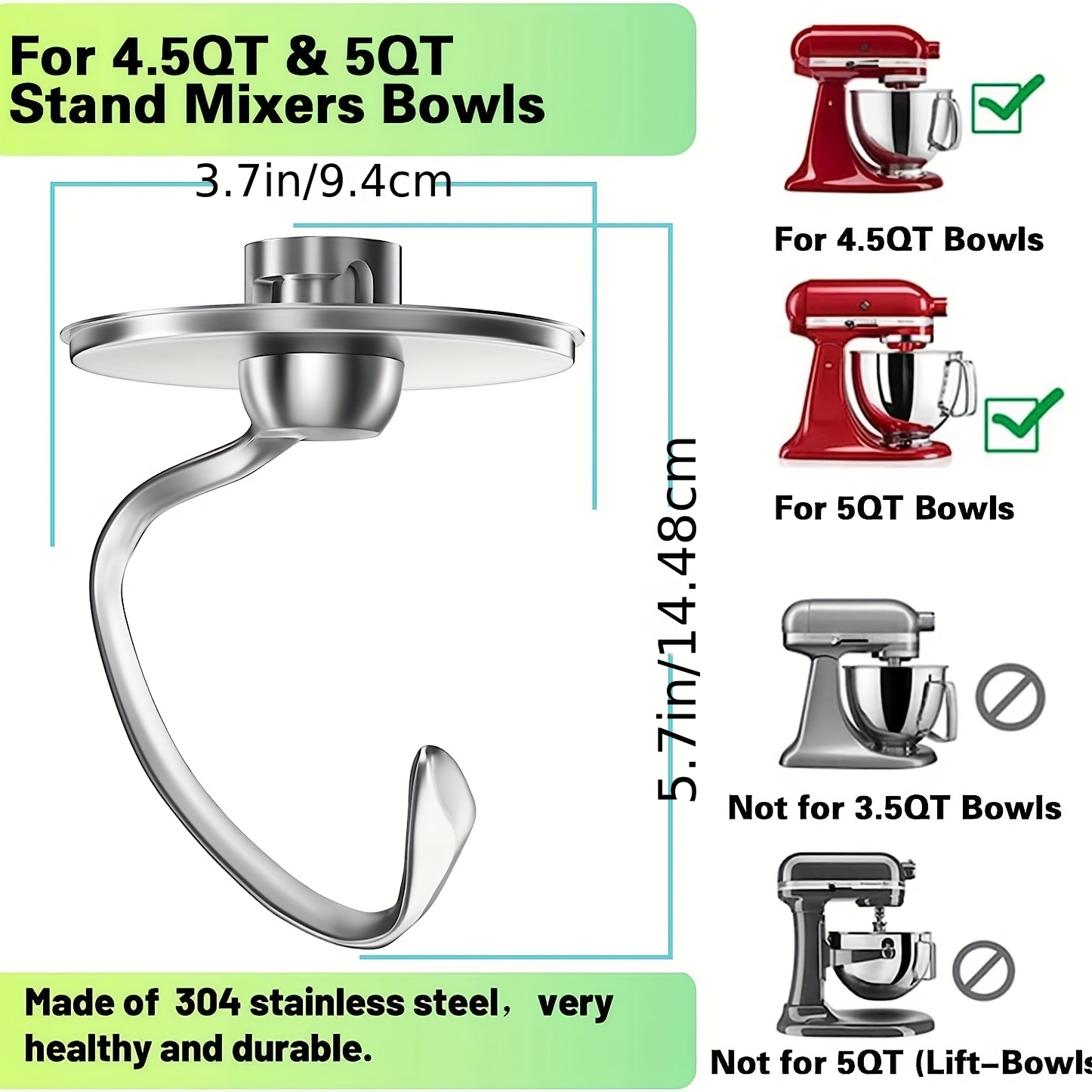 Kitchenaid Stainless Steel Dough Hook Replacement, 4.5 And 5 Quarts,  Compatible With Kitchenaid Artisan 5ksm125, 5ksm150, 5ksm175, 5ksm7580,  Ksm150, Rrk150, K45, K45ss, Ksm75, Ksm90, Ksm95, Ksm100, Ksm103, Dishwasher  Compatible - Temu Slovakia