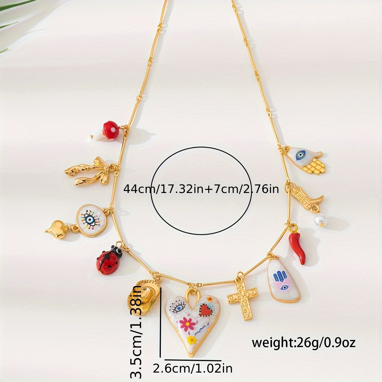 Sweet Funky Charm Necklace with Heart, Boot, Hat, and Eye Pendants