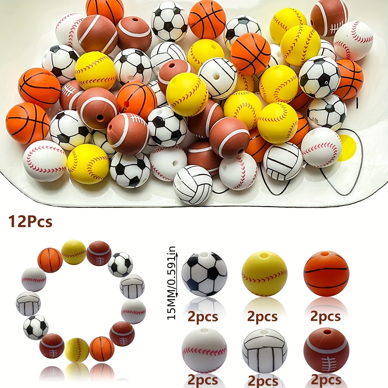 12PCS Sports Silicone Beads 15mm Baseball Softball Football Round Silicone  Beads For Keychain Bracelet Necklace Handmade Crafts