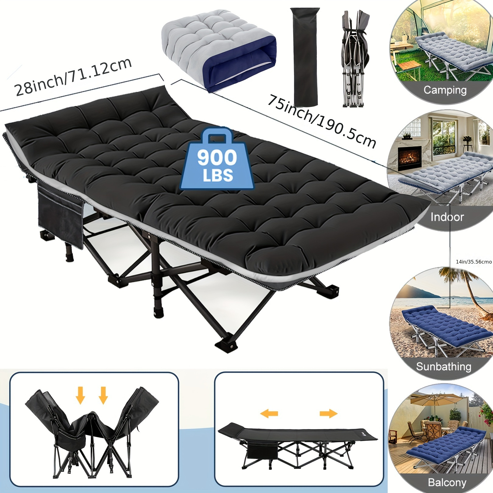 

Heavy-duty Folding Camping Cot With Plush Mattress - 900lbs Capacity, 1200d Double-layer Oxford Fabric, & Carry Bag Included - Ideal For Home, Office, Beach, Travel, Garden, Dorms, Rvs, Cabins