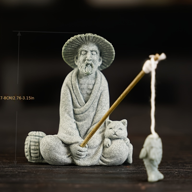 Retro Chinese Fishing Old Man Resin Figure Statue Miniature Bonsai Decor  Craft