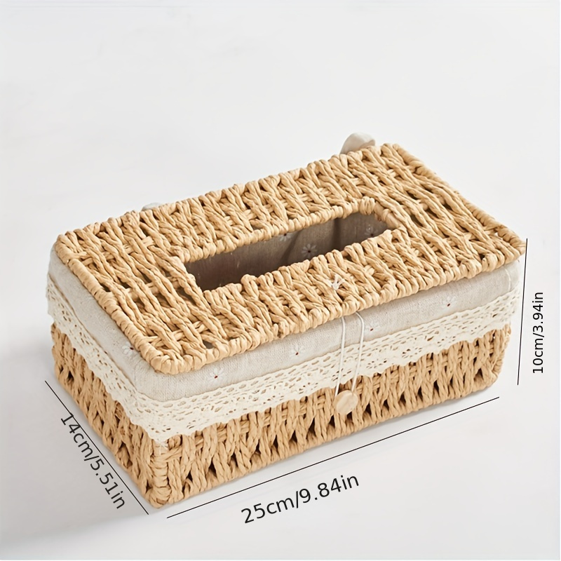 1pc vintage woven tissue box cover with lid - durable wicker-style rectangular storage organizer with open lid & top, beige/brown paper   for living room, dining room, bathroom - decorative & functional home decor, compatible with modern & traditional  , sturdy woven construction,  /brown tones,  , ideal for tissue storage & display Product details 2