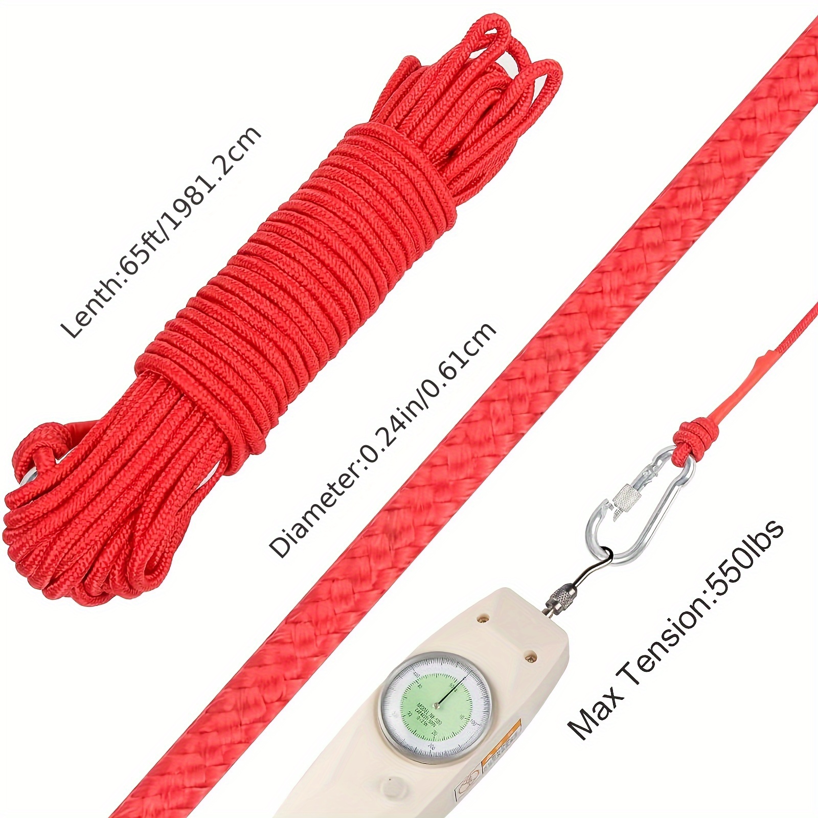 Brrnoo 20M Magnet Fishing Nylon Rope, High Strength Cord Safety Braid Rope  Fishing Strong Pull Force Treasure Salvage Rope With Carabiner 