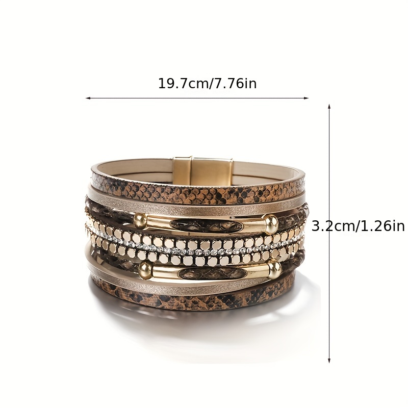 Snakeskin Pattern Leather Bracelet Multilayer Wrap Magnetic Clasp