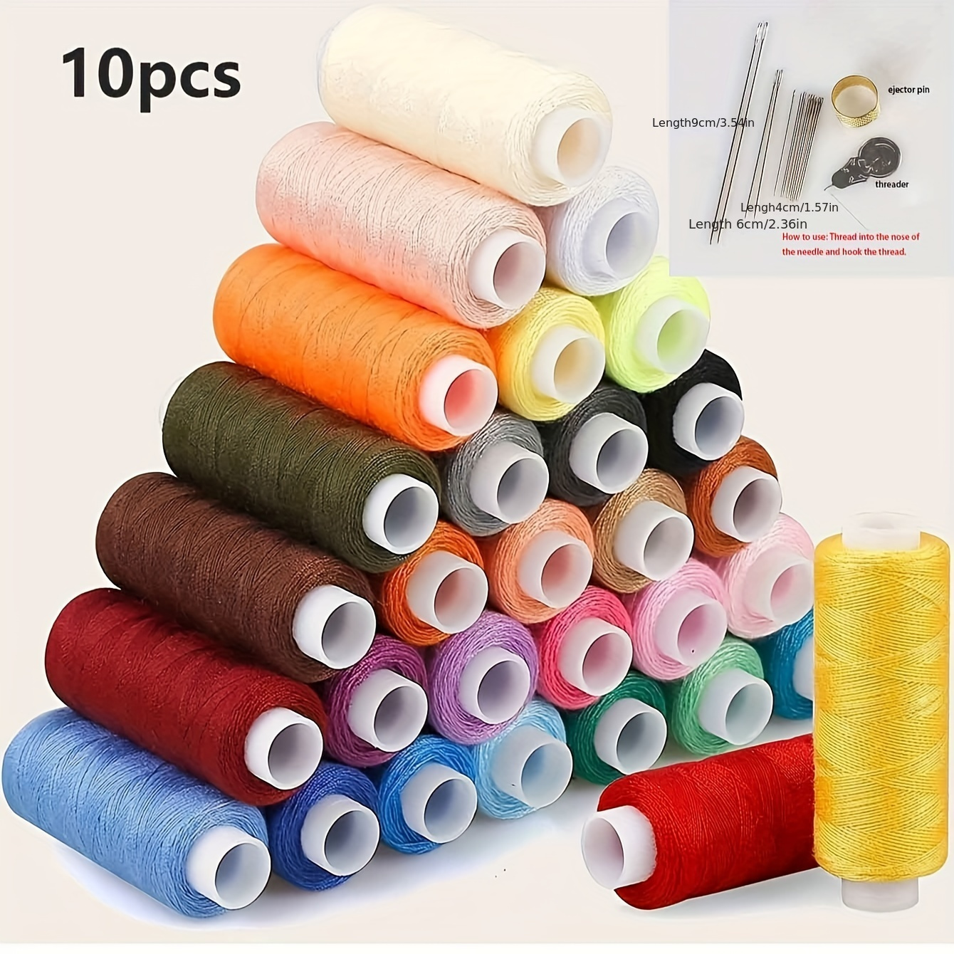 

Polyester Sewing Thread - 10 Assorted Colors, 200 Yards Each, All-purpose Threads For Machine & Hand Sewing, Embroidery, Quilting With Needle Threader Kit Included